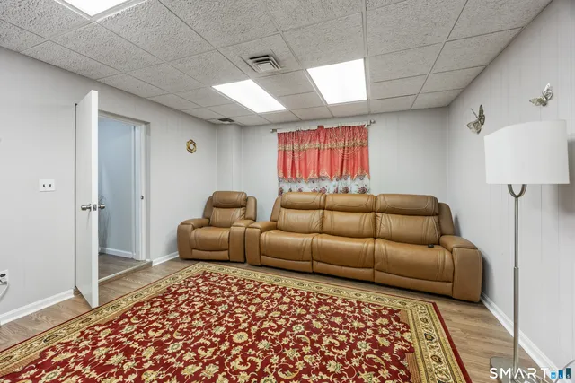 a living room with furniture and a rug