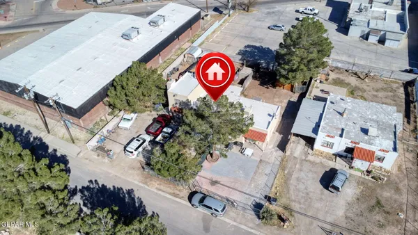 an aerial view of a street sign