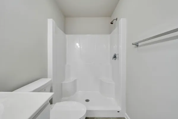 a bathroom with a shower and toilet