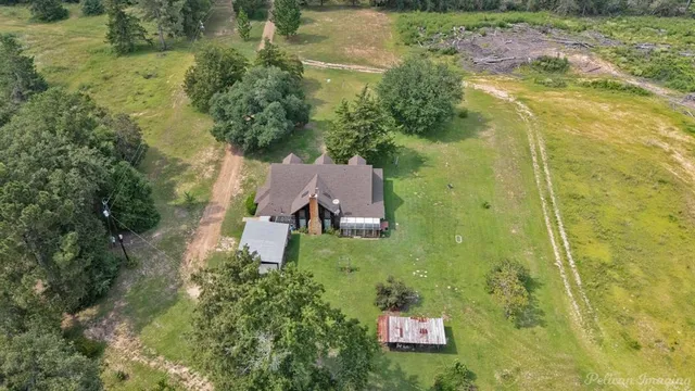 an aerial view of residential house with green space