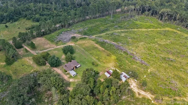 a backyard of a house with lots of green space and trees all around