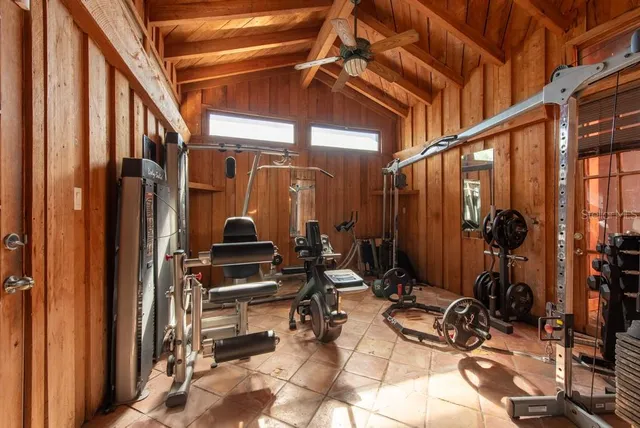 a view of backyard with garage