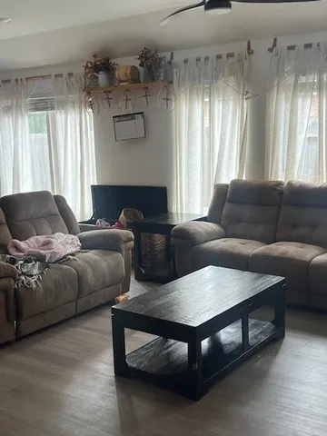 a view of a dining room with furniture