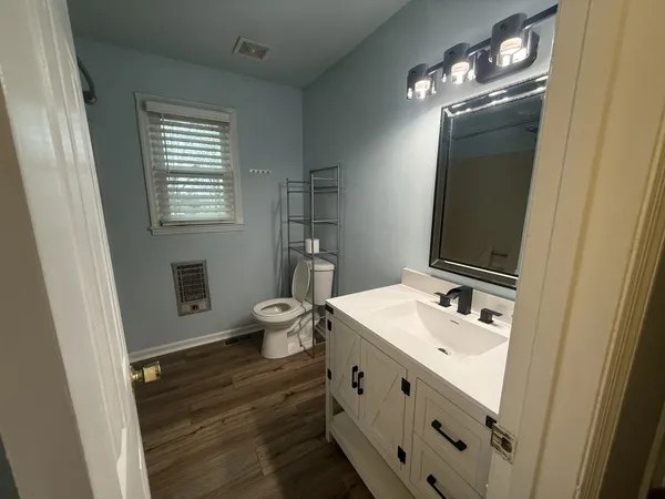 a bathroom with a sink a toilet and a mirror