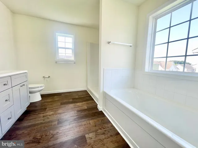 a bathroom with a bathtub toilet and window