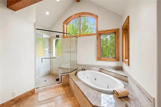 a bathroom with a tub a toilet and a shower