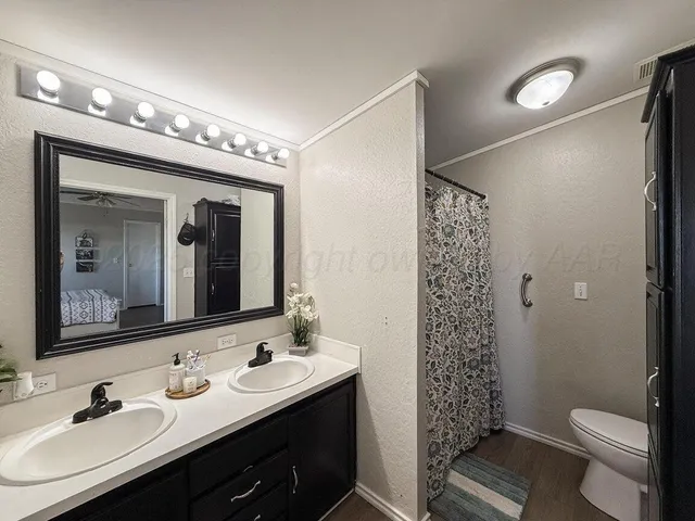 a bathroom with a toilet a sink and a large mirror