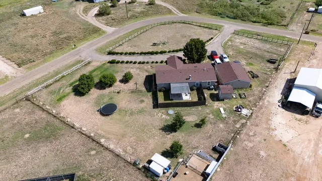 an aerial view of a swimming pool