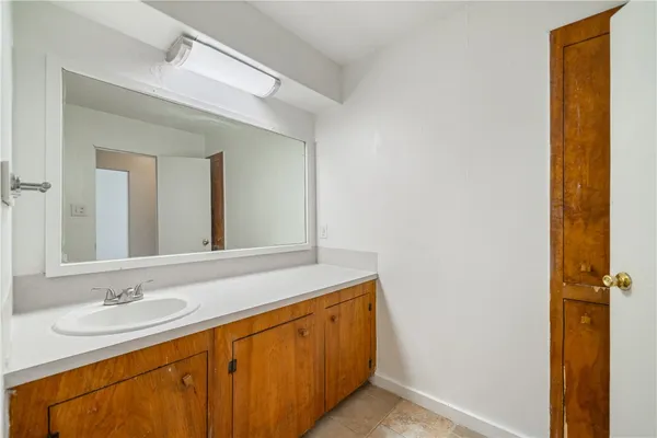 a bathroom with a sink a mirror and a shower