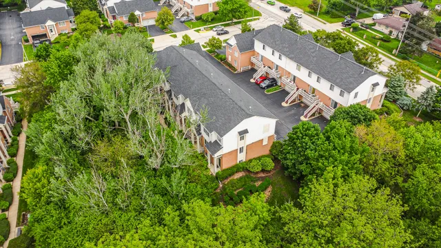 an aerial view of a house with a yard and plants
