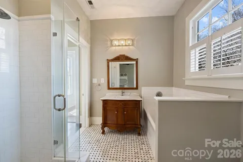 a bathroom with a sink a mirror and a shower