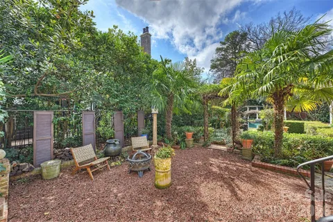 a view of a patio with table and chairs potted plants and large tree