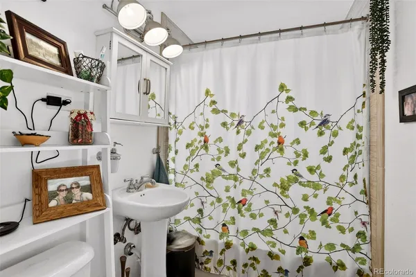 a bathroom with a sink toilet and shower curtain