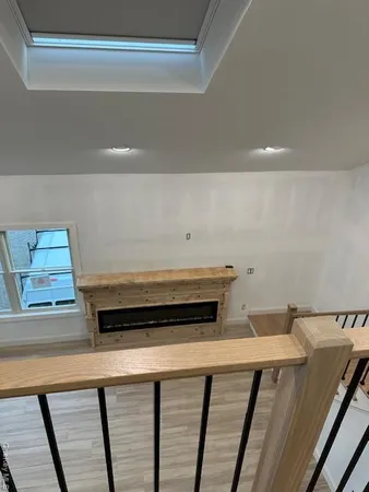 a view of a kitchen counter space and stove