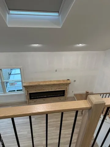 a view of a kitchen counter space and stove
