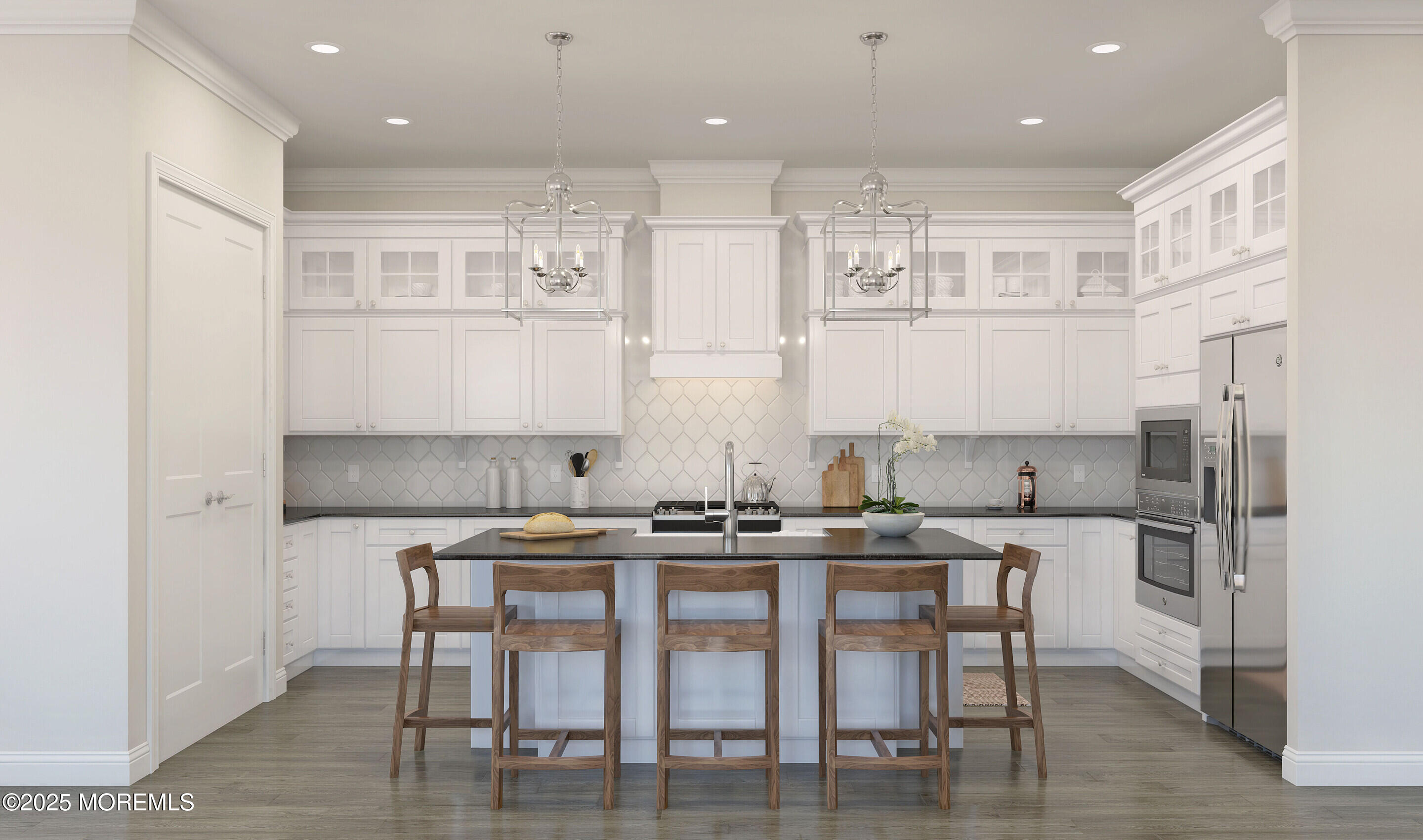 176 Highway 33, Unit PALMERA Manalapan, NJ 07726 - Photo 15 of 45 a kitchen with stainless steel appliances granite countertop a table chairs stove microwave and cabinets