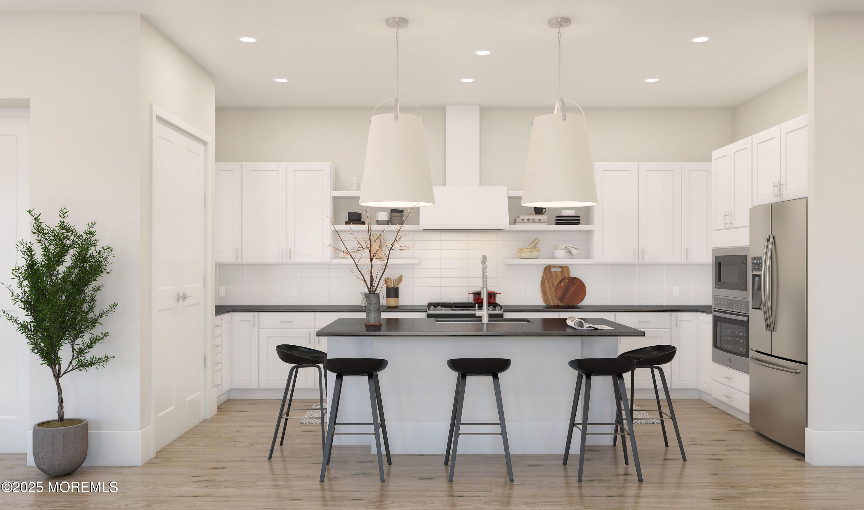 176 Highway 33, Unit PALMERA Manalapan, NJ 07726 - Photo 22 of 45 a kitchen with kitchen island a stove a table and chairs
