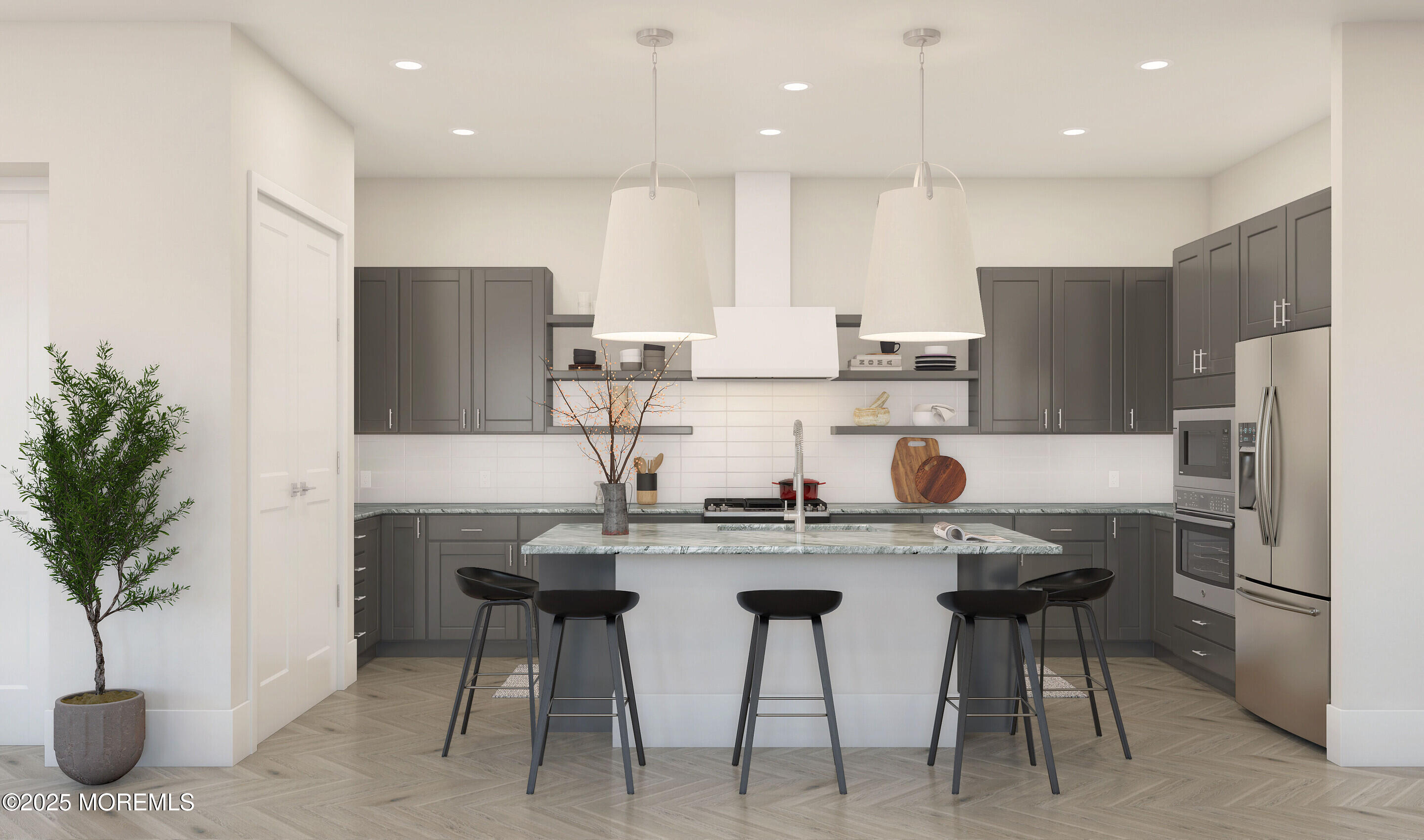 176 Highway 33, Unit PALMERA Manalapan, NJ 07726 - Photo 23 of 45 a kitchen with refrigerator and chairs