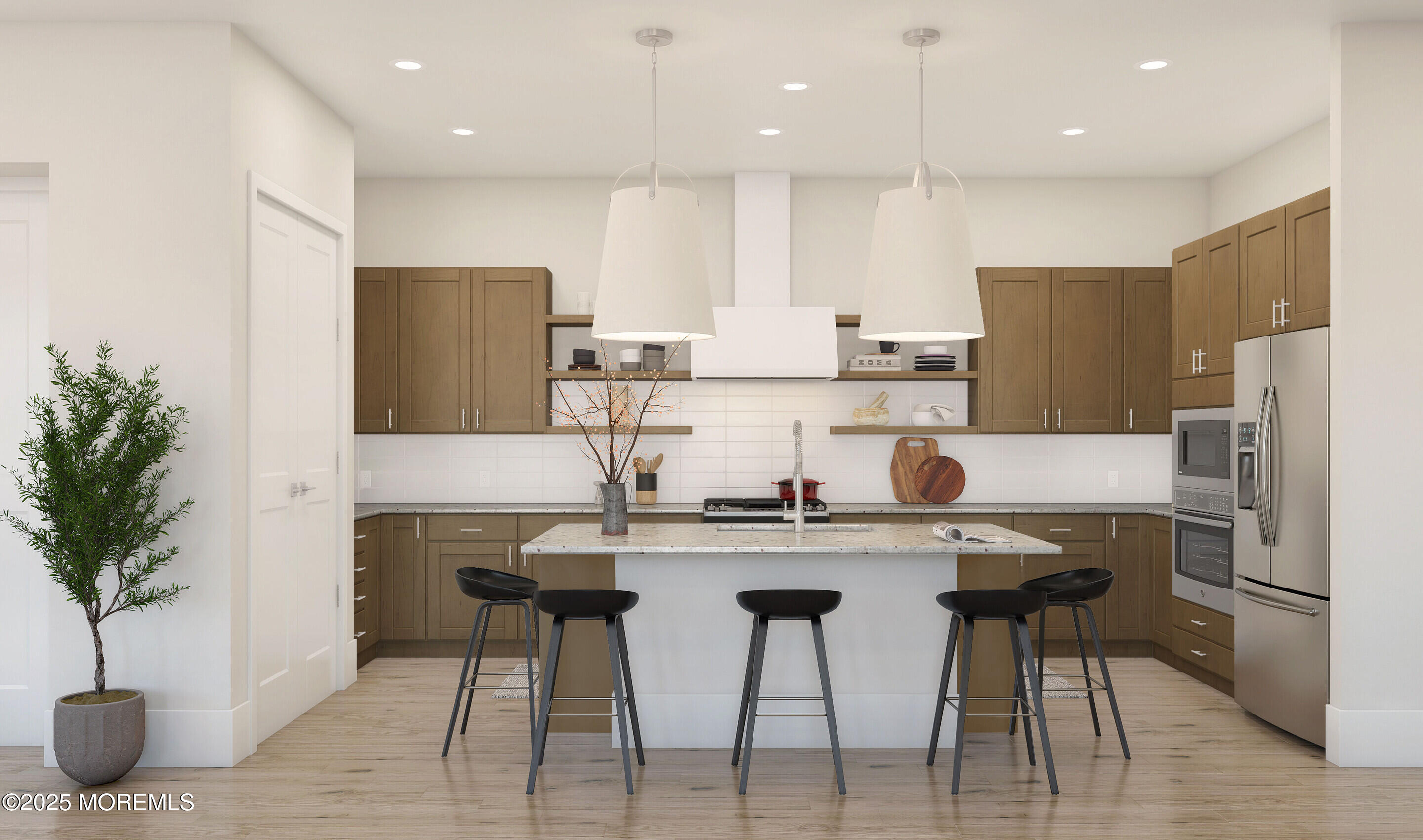 176 Highway 33, Unit PALMERA Manalapan, NJ 07726 - Photo 27 of 45 a kitchen with stainless steel appliances granite countertop a dining table chairs refrigerator and microwave
