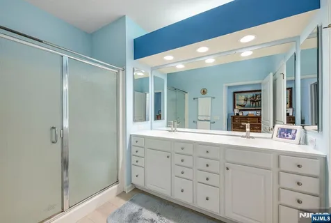 a bathroom with a sink mirror and a shower
