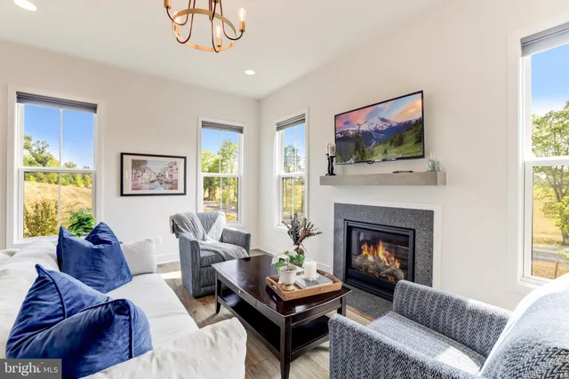 a living room with furniture a flat screen tv and a fireplace