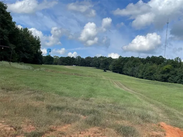 a view of a field with an trees in the background