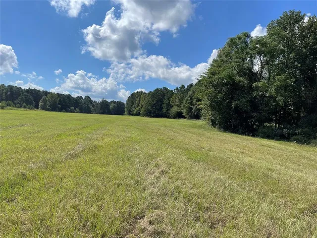 a view of a field with an trees in the background