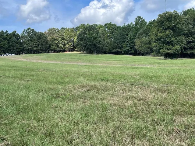a view of a field with an trees in the background