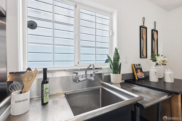 a kitchen with a sink and a potted plant