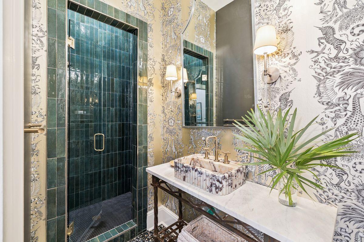 216 Round Road Rosemary Beach, FL 32461 - Photo 26 of 58 a bathroom with a granite countertop sink a mirror and shower