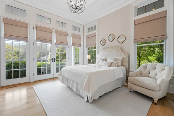 a spacious bedroom with a large bed and a large window