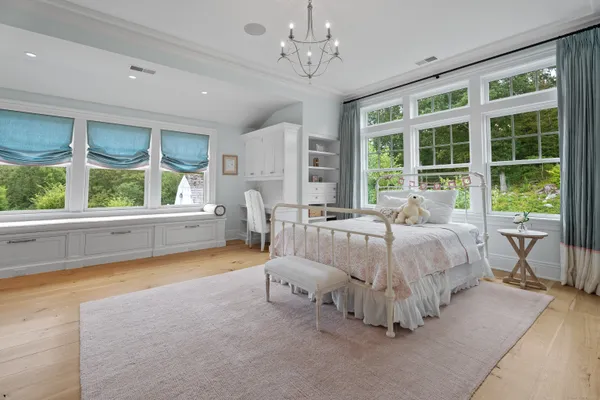 a spacious bedroom with a bed and a large window