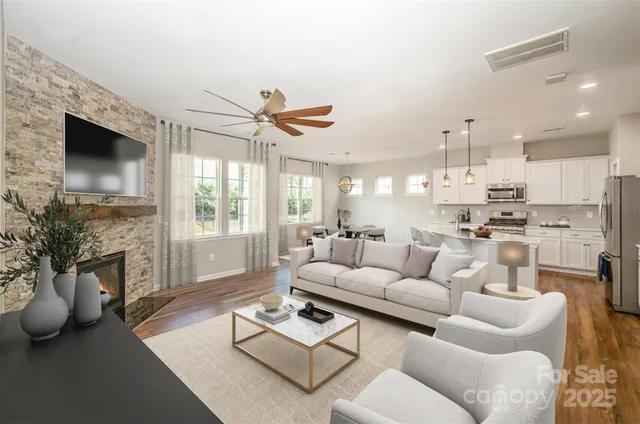 a swimming pool with outdoor seating