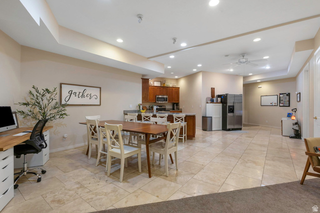 684 North Summit Way Alpine, UT 84004 - Photo 56 of 58 Dining area featuring a desk, ceiling fan, recessed lighting, and light tile patterned floors