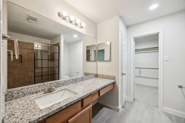 a bathroom with a granite countertop sink and shower