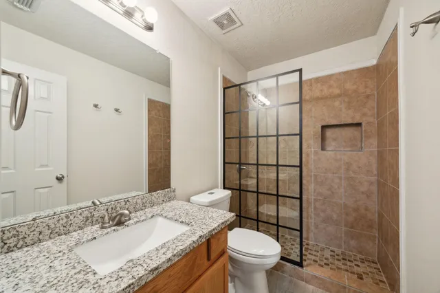 a bathroom with a granite countertop sink toilet and shower