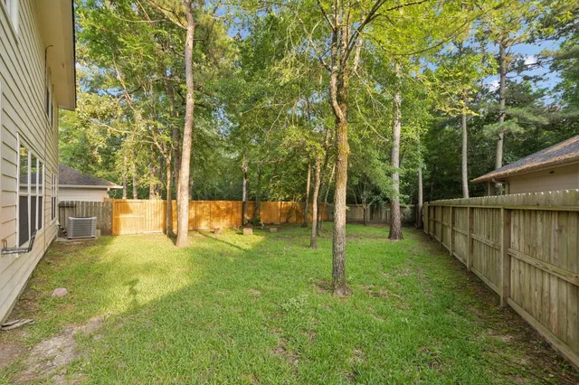 a view of a backyard with large trees