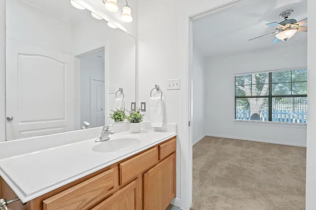 a bathroom with a sink a vanity and a mirror