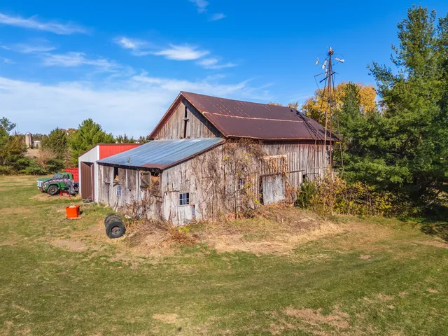 a view of a backyard with large trees