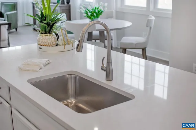 a view of kitchen with kitchen island a potted plant on the counter and sink