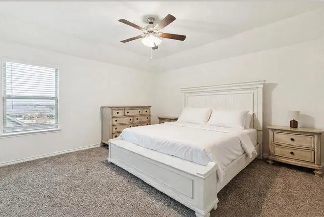 a bedroom with a bed and a ceiling fan