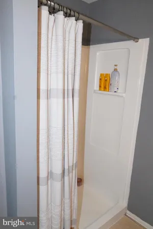 a bathroom with a shower and a curtain