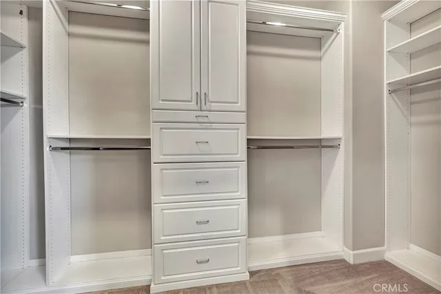a view of walk in closet with empty racks
