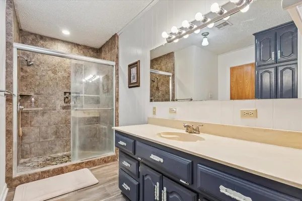 a bathroom with a sink a shower and a mirror
