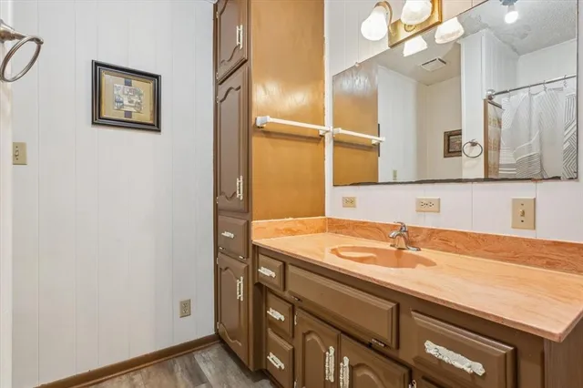 a bathroom with a sink and a mirror