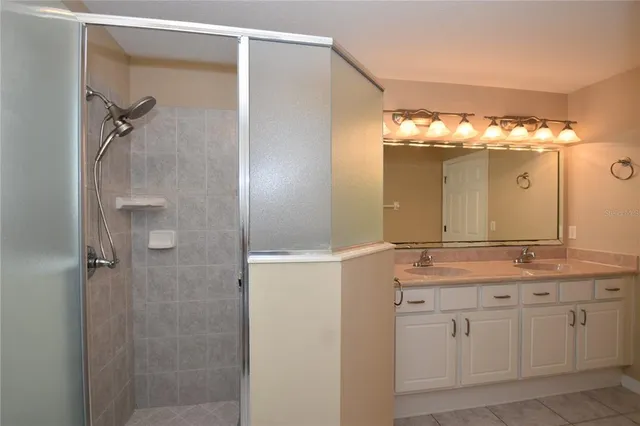 a bathroom with a double vanity sink mirror and shower