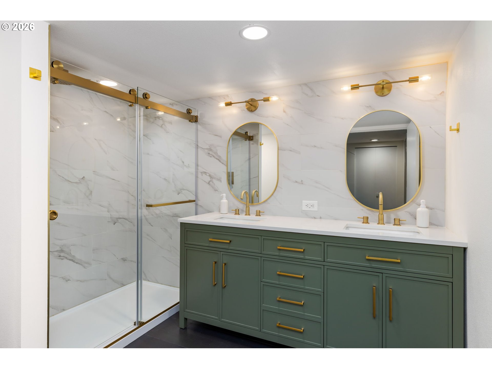 400 Northwest Miller Road Portland, OR 97229 - Photo 32 of 48 a bathroom with a double vanity sink mirror and shower