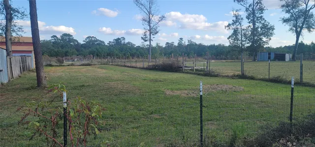 a view of a backyard with plants and a patio