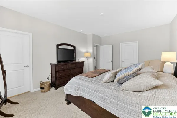 a bedroom with a bed and a television