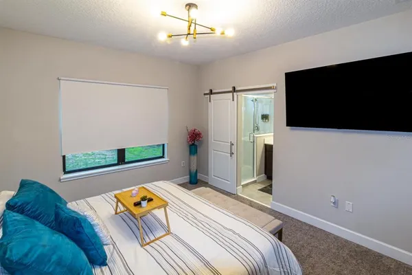 a bedroom with a bed and a flat screen tv